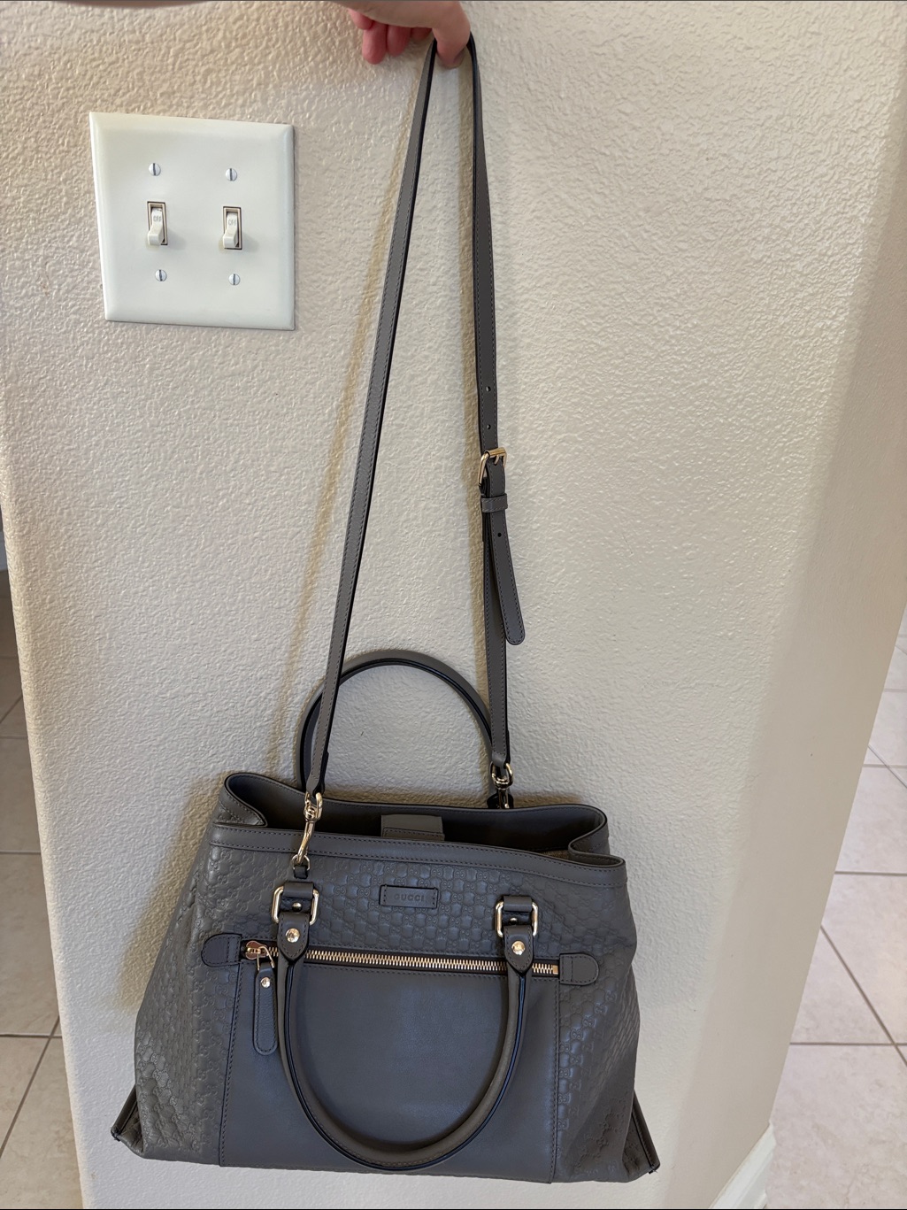 Gucci Gray Leather Satchel With Top Handles And Crossbody Strap